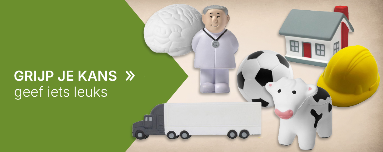 Bedrukte anti-stress artikelen met logo, zoals bal, hart, hersenen, wereldbol, huis, werkhelm, vrachtwagen en wolk