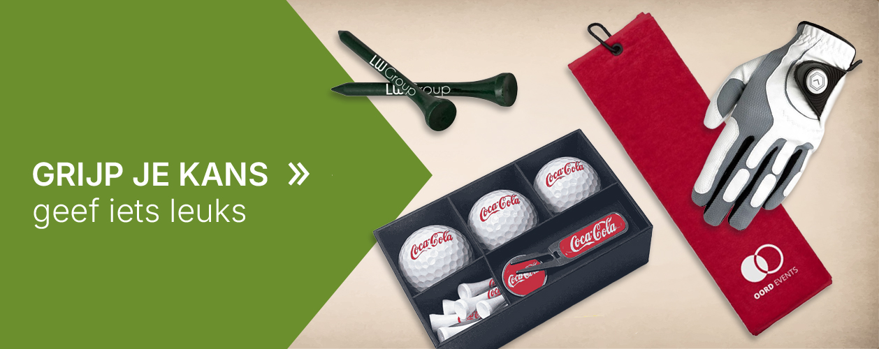bedrukte golfartikelen met logo zoals golfballen en tees