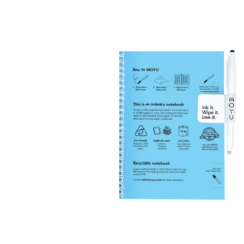 MOYU Uitwisbaar Steenpapier Notitieboek A5 Premium – 40 Pagina’s, Sky Blue, Blanco