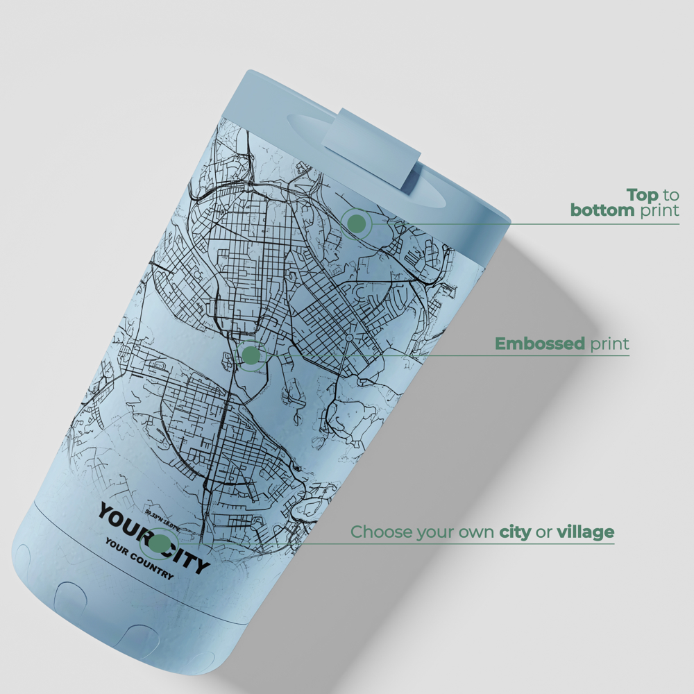 Thermosbeker / Koffiebeker x Jouw Stad -  Licht Blauw - 350 ml