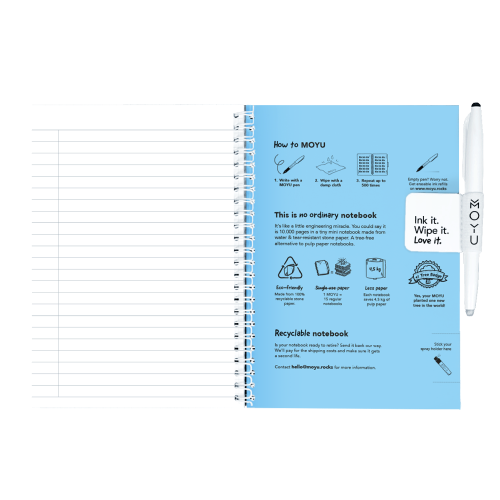 MOYU Uitwisbaar Steenpapier Notitieboek A5 Hardcover – 20 Pagina’s, Sky Blue, Lijnen