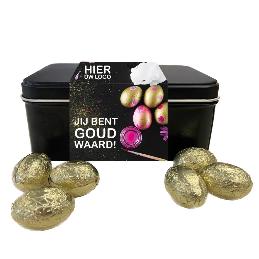 Geschenkblik met 400 gram gouden paaseitjes - inclusief banderol