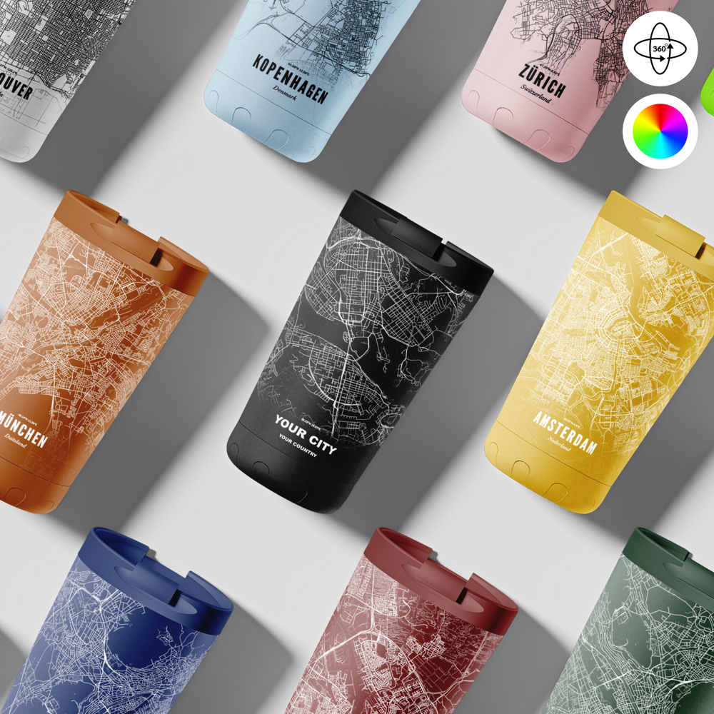 Thermosbeker / Koffiebeker x Jouw Stad -  350 ml - Zwart