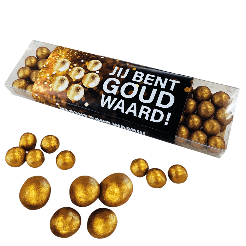 Geschenkdoosje GROOT met gouden chocoade crispy parels inclusief banderol