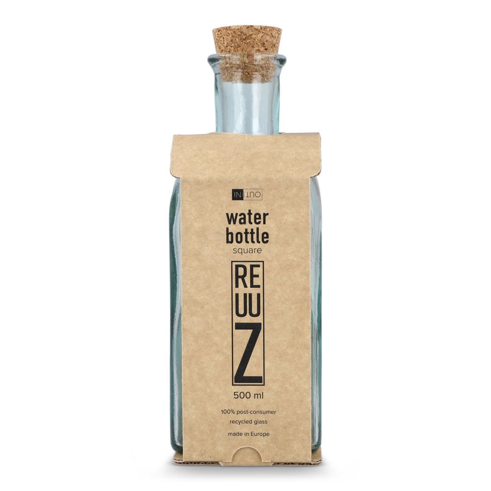 InSideOut Vierkante Gerecycled glas Waterfles ReuuZ met kurkstop 500ml