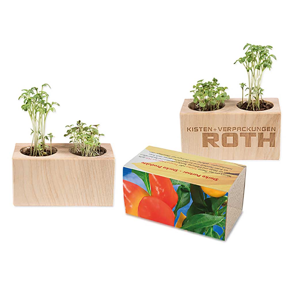 Houten plantenset dubbel met zaden - Paprika, lasergravure 2 zijden