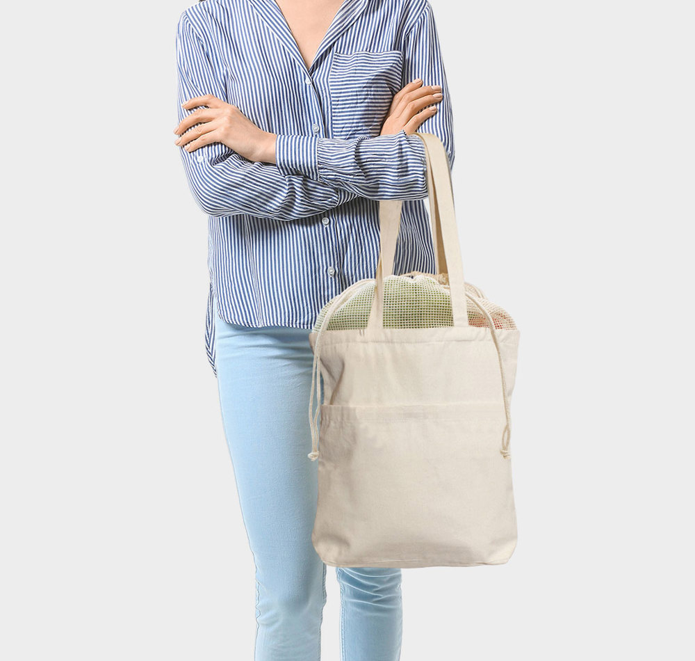 BRISBANE – Canvas tas met netinzet, trekkoordsluiting en lange hengsels