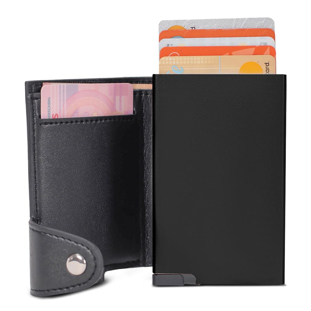 RFID kaarthouder met leerlook hoes - zwart / zwart