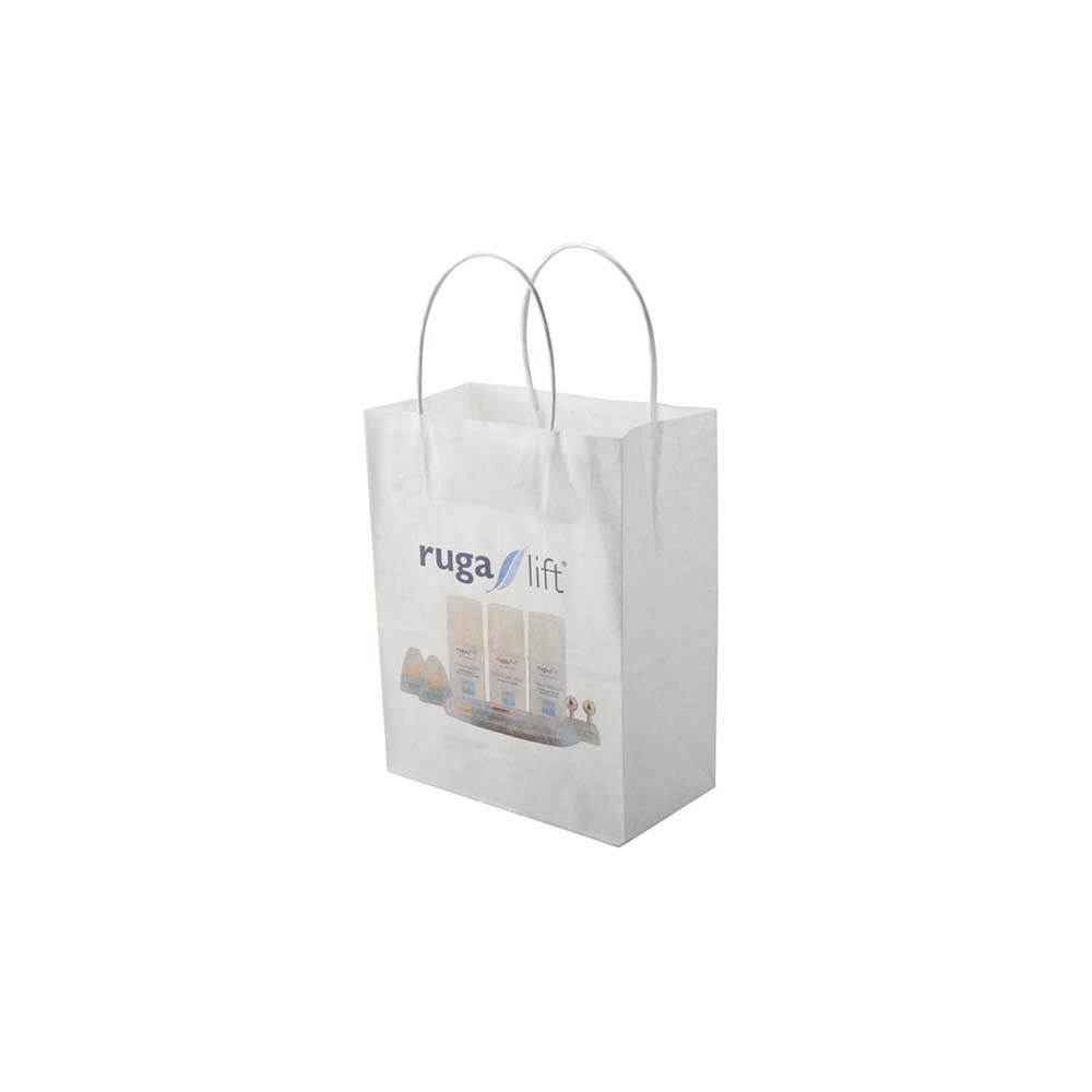 Papieren tas, kraft wit, 18 x 8 x 24 cm, 100 grams, gerolde handle