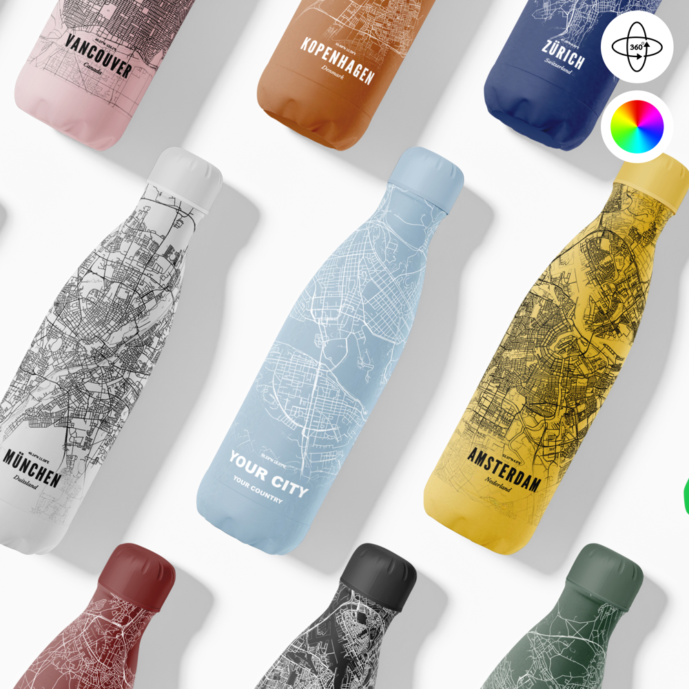 Thermosfles / Drinkfles x Jouw Stad - 500 ml - Licht blauw
