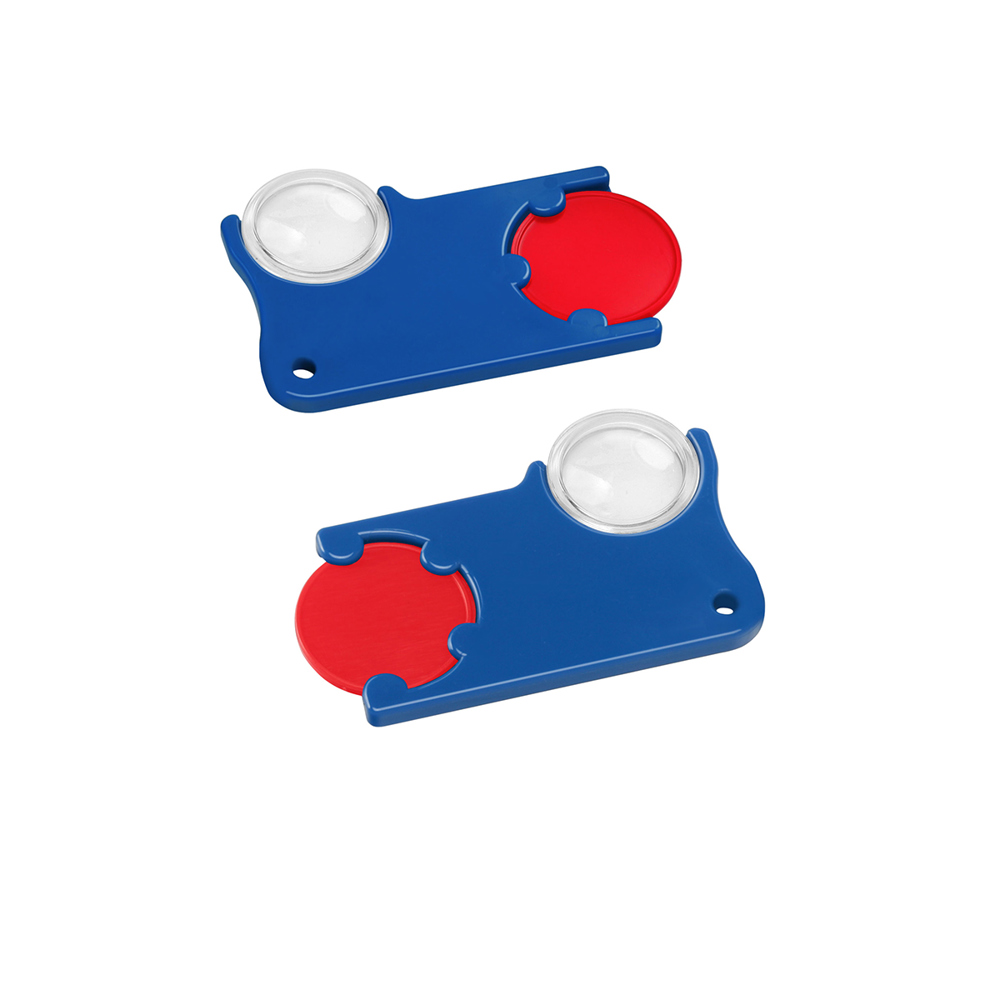 Chiphouder met winkelwagenmuntje 1€ en loep - rood/blauw