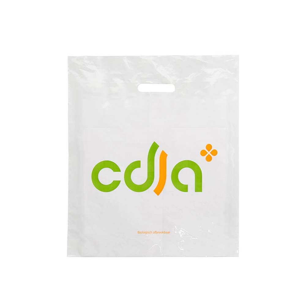 Plastic tas 40 x 45 x 7,5 cm, 48 micron, biologisch afbreekbaar, stanshandvat, 2 zijden