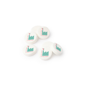 Blokzakje met Topcard met 100 gram Bedrukte Pepermuntjes 23mm