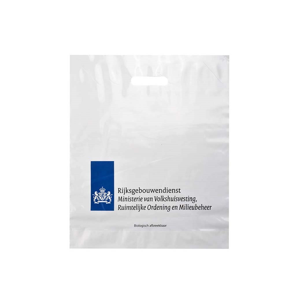 Plastic tas 45 x 45 x 7,5 cm, 48 micron, biologisch afbreekbaar, stanshandvat, 1 zijde