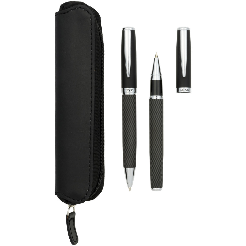 Koolstofvezel cadeauset met twee pennen en etui (zwarte inkt)