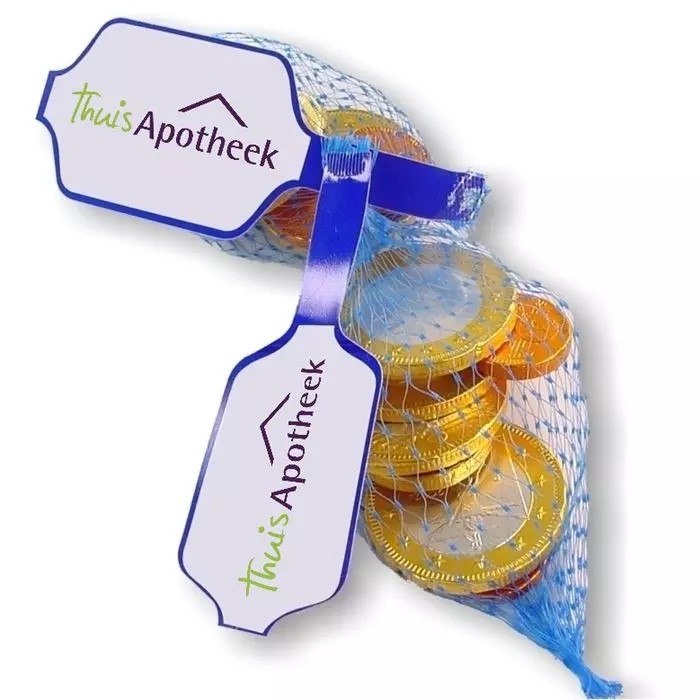 Chocolade munten in netje met logosticker