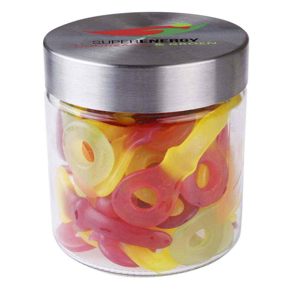 Glazen pot 0,9 liter, gevuld met snoep - transparant