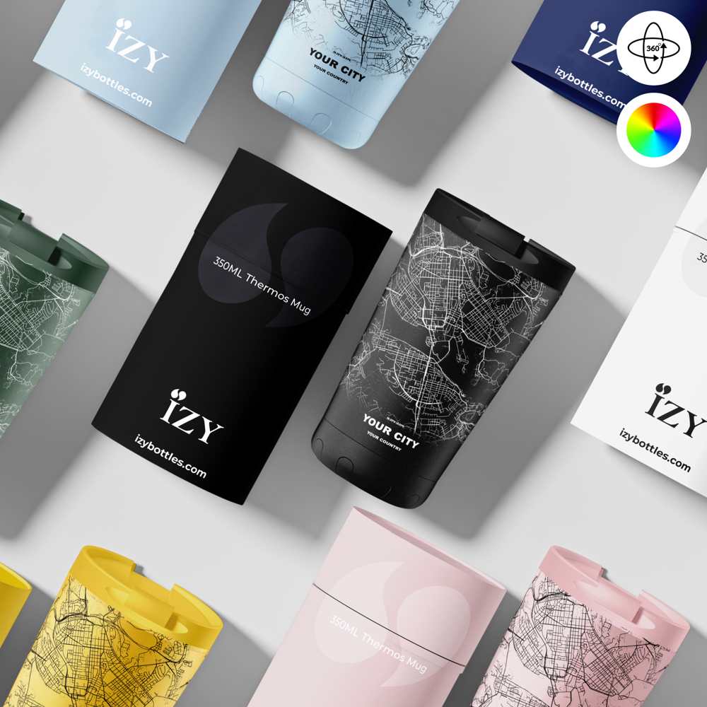 Thermosbeker / Koffiebeker x Jouw Stad -  Zwart - 350 ml