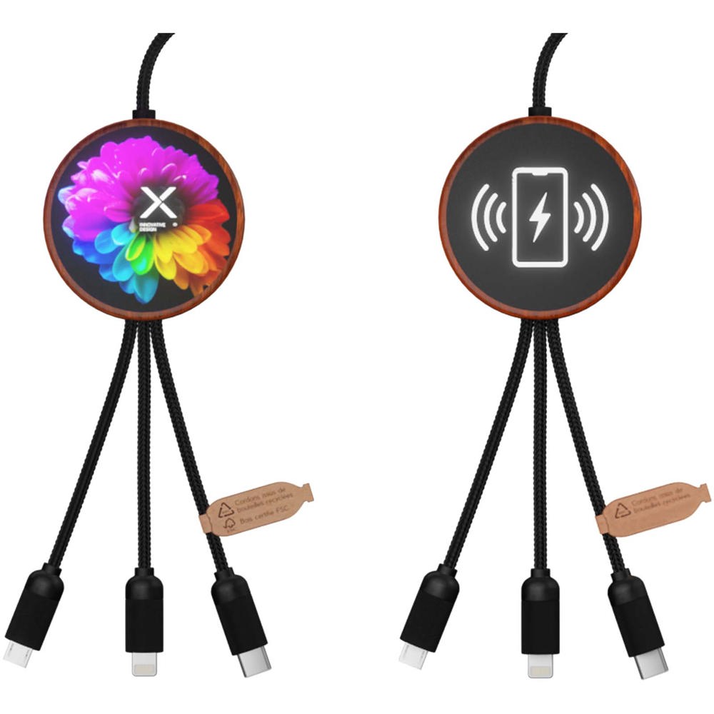 SCX.design C40 5-in-1 oplaadkabel van RPET met oplichtend logo en 10 W oplaadstation