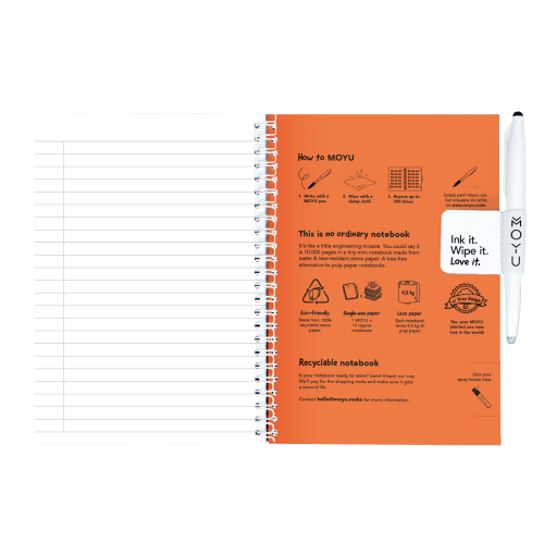 MOYU Uitwisbaar Steenpapier Notitieboek A5 Premium – 40 Pagina’s, Sunset Orange, Lijnen