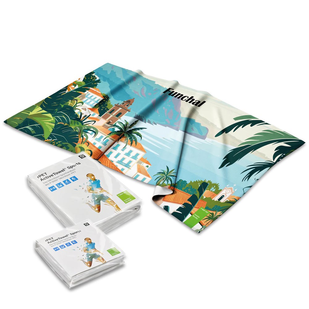rPET ActiveTowel® Sports 100x40 cm polybag met standaard vouwkaart, all-inclusive-pakket