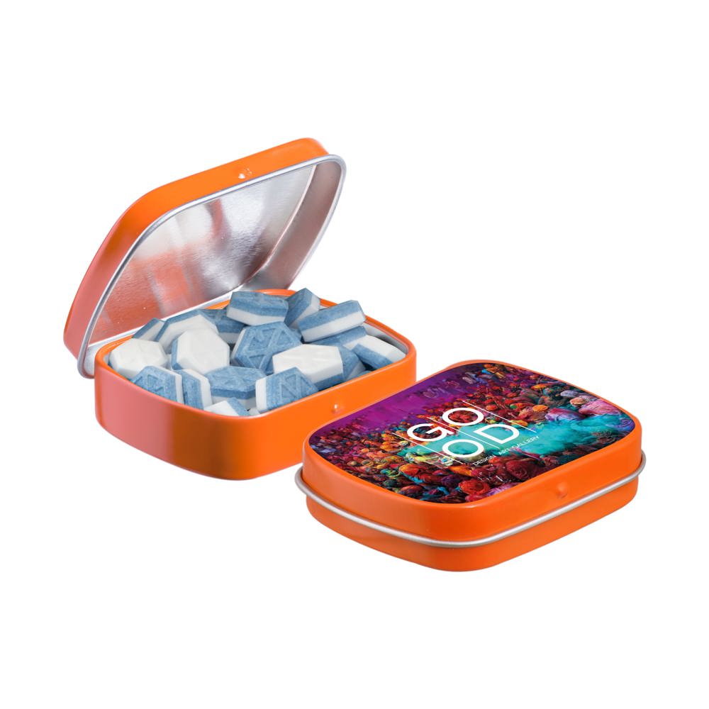 Mini scharnierblikje gevuld met pepermunt - Oranje