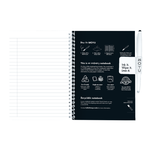 MOYU Uitwisbaar Steenpapier Notitieboek A5 Hardcover – 40 Pagina’s, Pitch Black, Lijnen