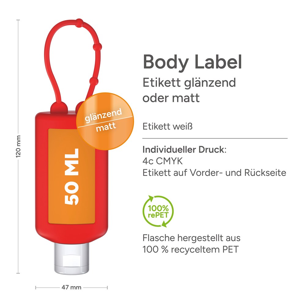 Zonnemelk, Bumper 50 ml, rood, Body Label