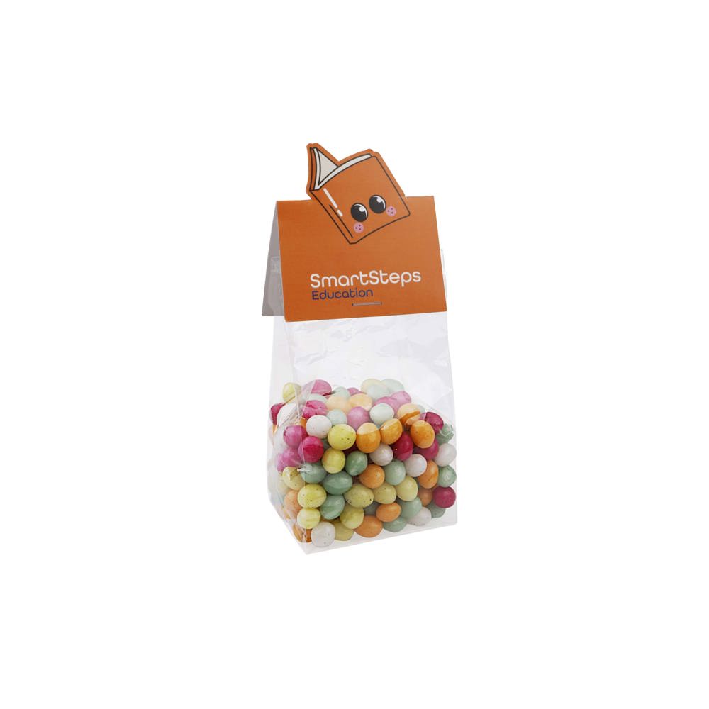 Blokzakje met kopkaartje in eigen vorm en 150 gram snoep - Transparant/Wit