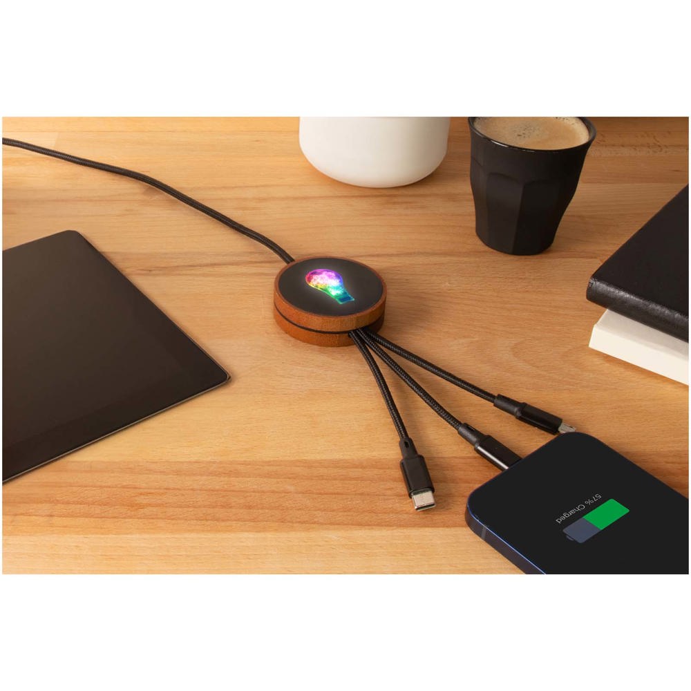 SCX.design C40 5-in-1 oplaadkabel van RPET met oplichtend logo en 10 W oplaadstation