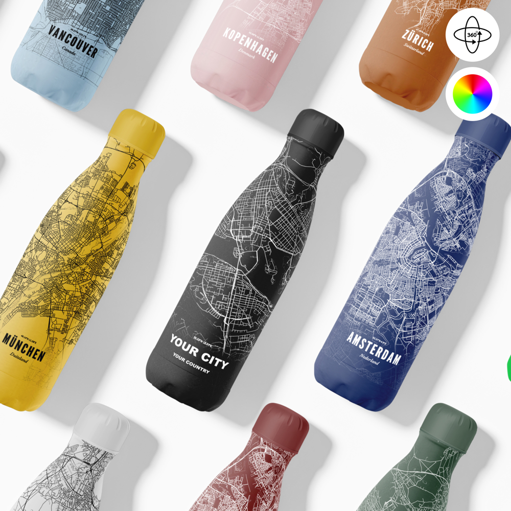 Thermosfles / Drinkfles x Jouw Stad - 500 ml - Zwart