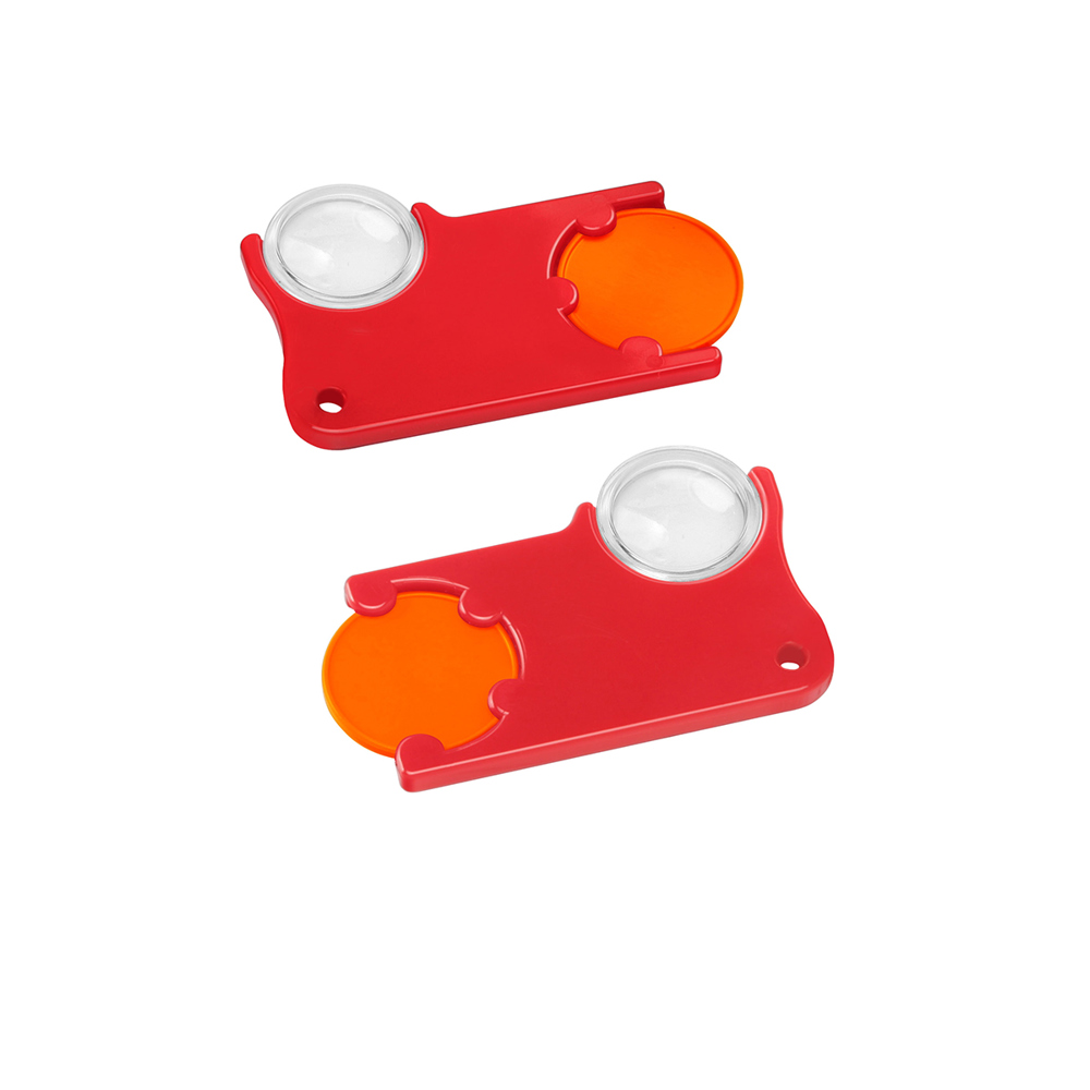 Chiphouder met winkelwagenmuntje 1€ en loep - oranje/rood