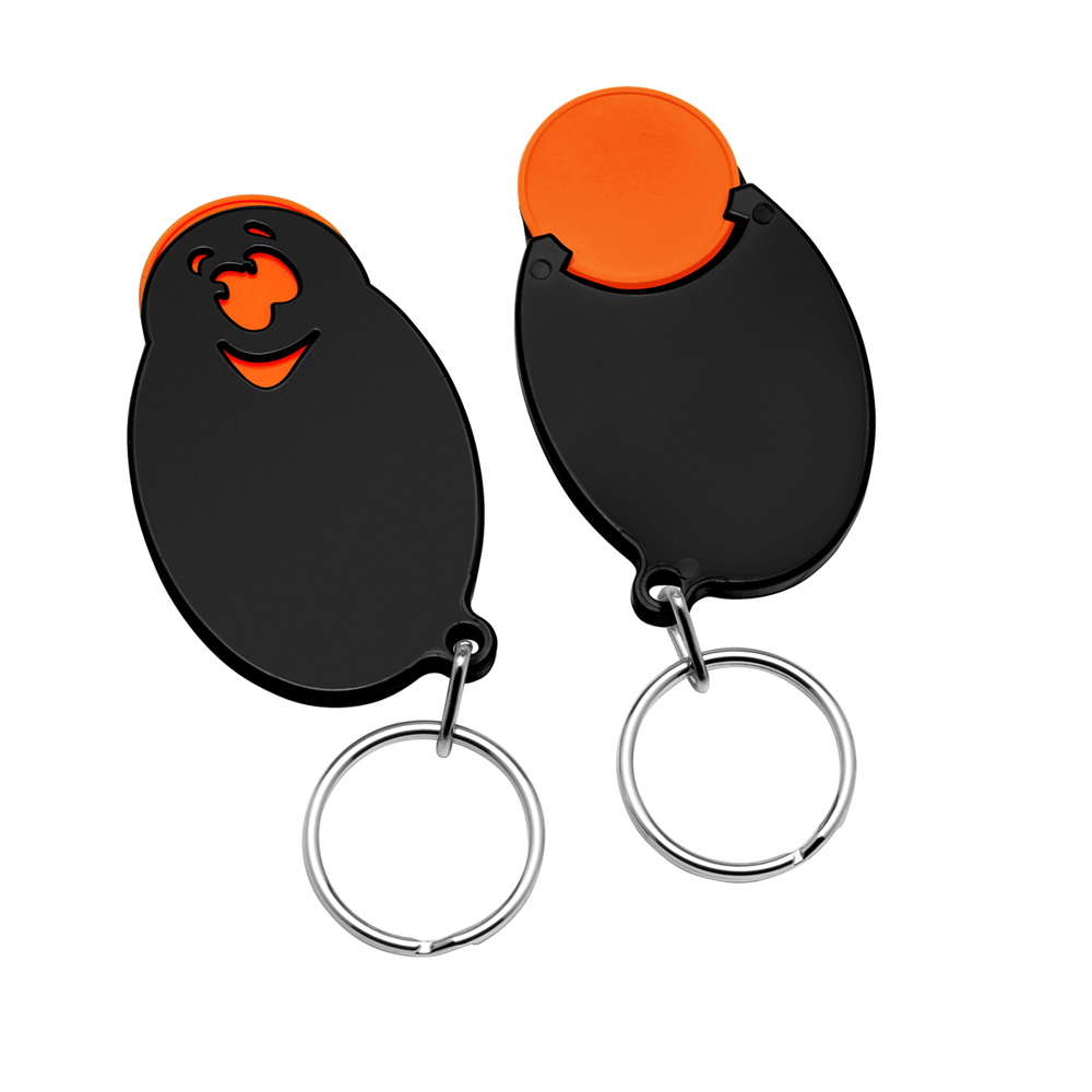Chiphouder met winkelwagenmuntje 1€ "gezicht" - oranje/zwart