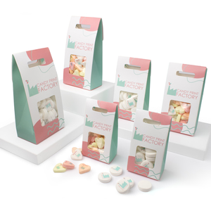 staand doosje met 100 gram Bedrukte Pepermuntjes 22mm