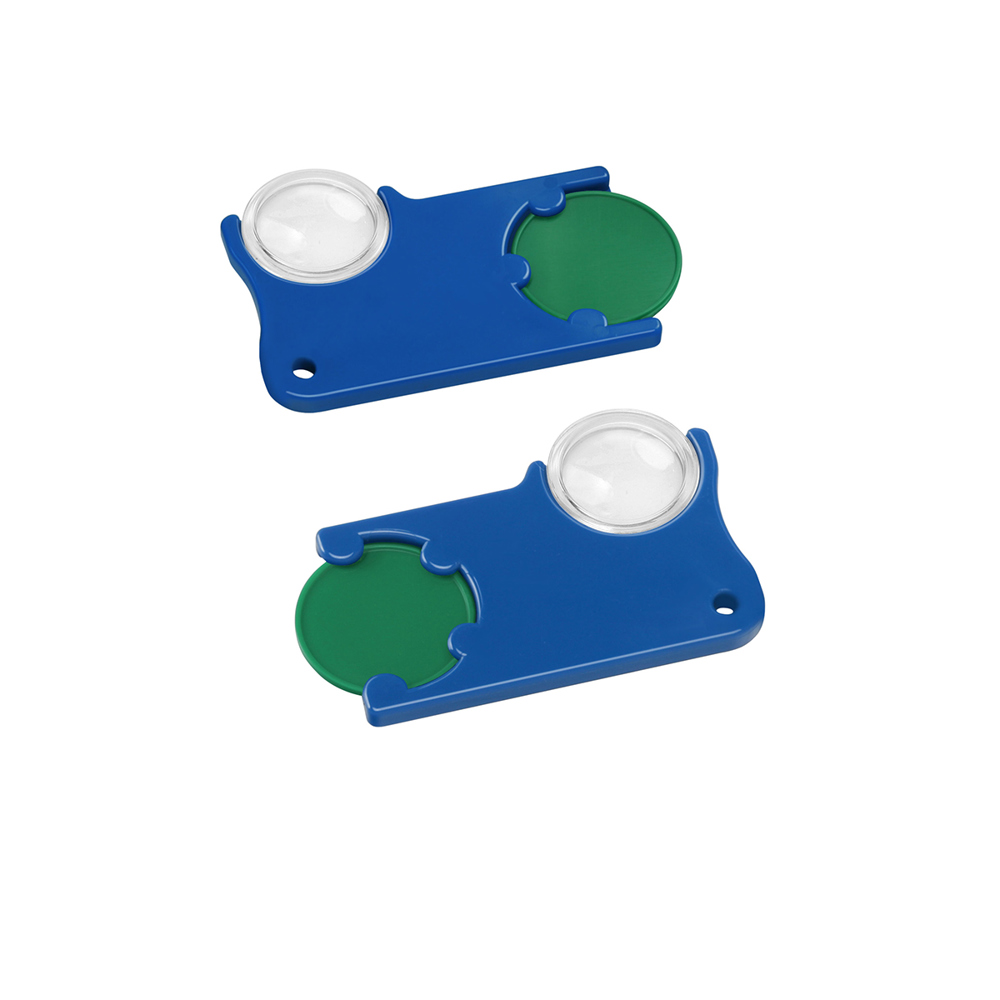 Chiphouder met winkelwagenmuntje 1€ en loep - groen/blauw