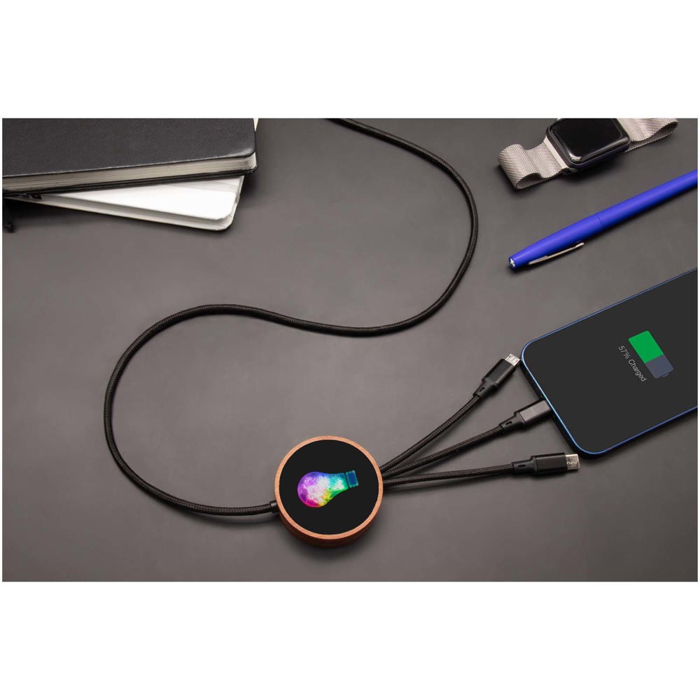 SCX.design C40 5-in-1 oplaadkabel van RPET met oplichtend logo en 10 W oplaadstation