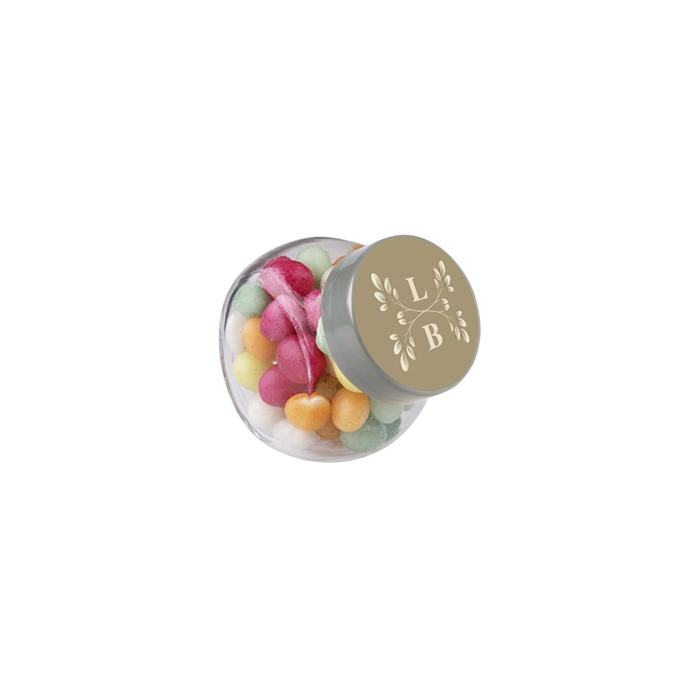 Micro glazen potje 50 ml, gevuld met snoep - Transparant/Zilver