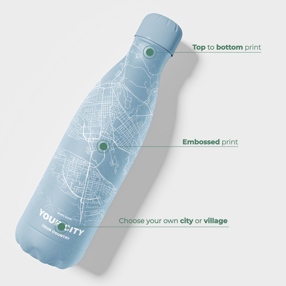 Thermosfles / Drinkfles x Jouw Stad - Licht Blauw - 500 ml