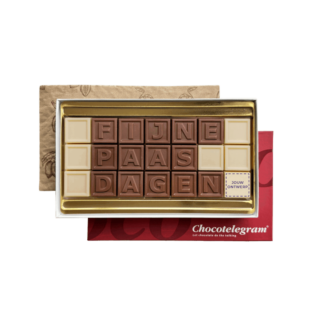 ChocoTelegram 21 | fijne paasdagen | melk/wit | eigen logo | 200g