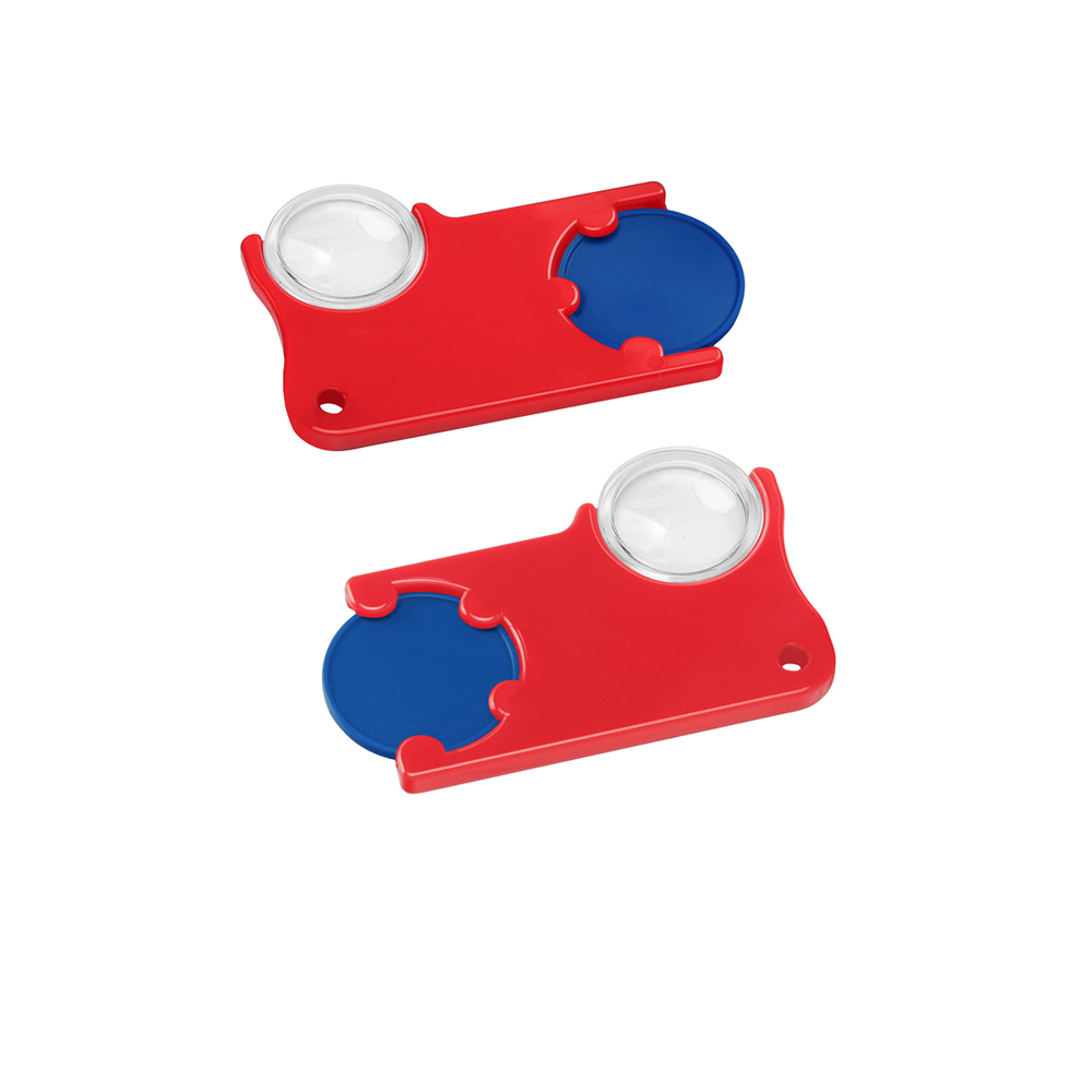 Chiphouder met winkelwagenmuntje 1€ en loep - blauw/rood