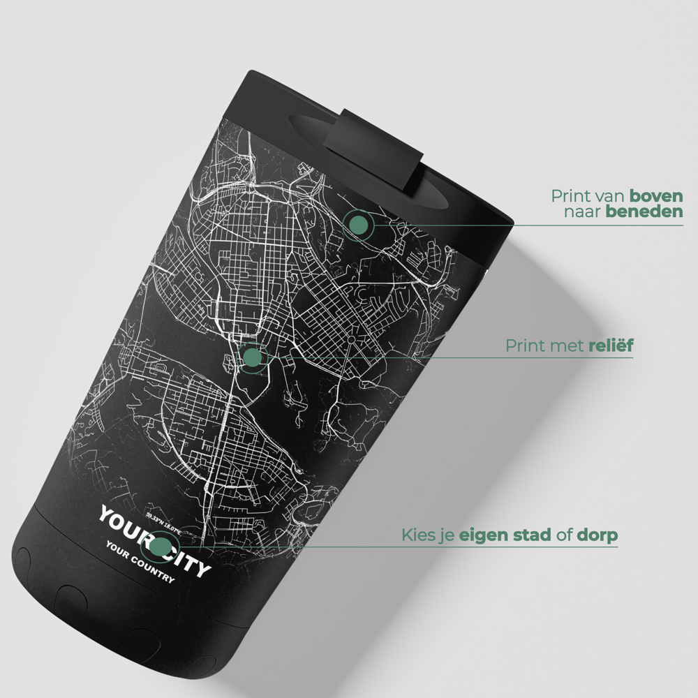 Thermosbeker / Koffiebeker x Jouw Stad -  Zwart - 350 ml